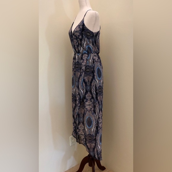 Lush. Faux Wrap High Low Maxi Dress. Blue and Pink Pattern. Small - Picture 4 of 15